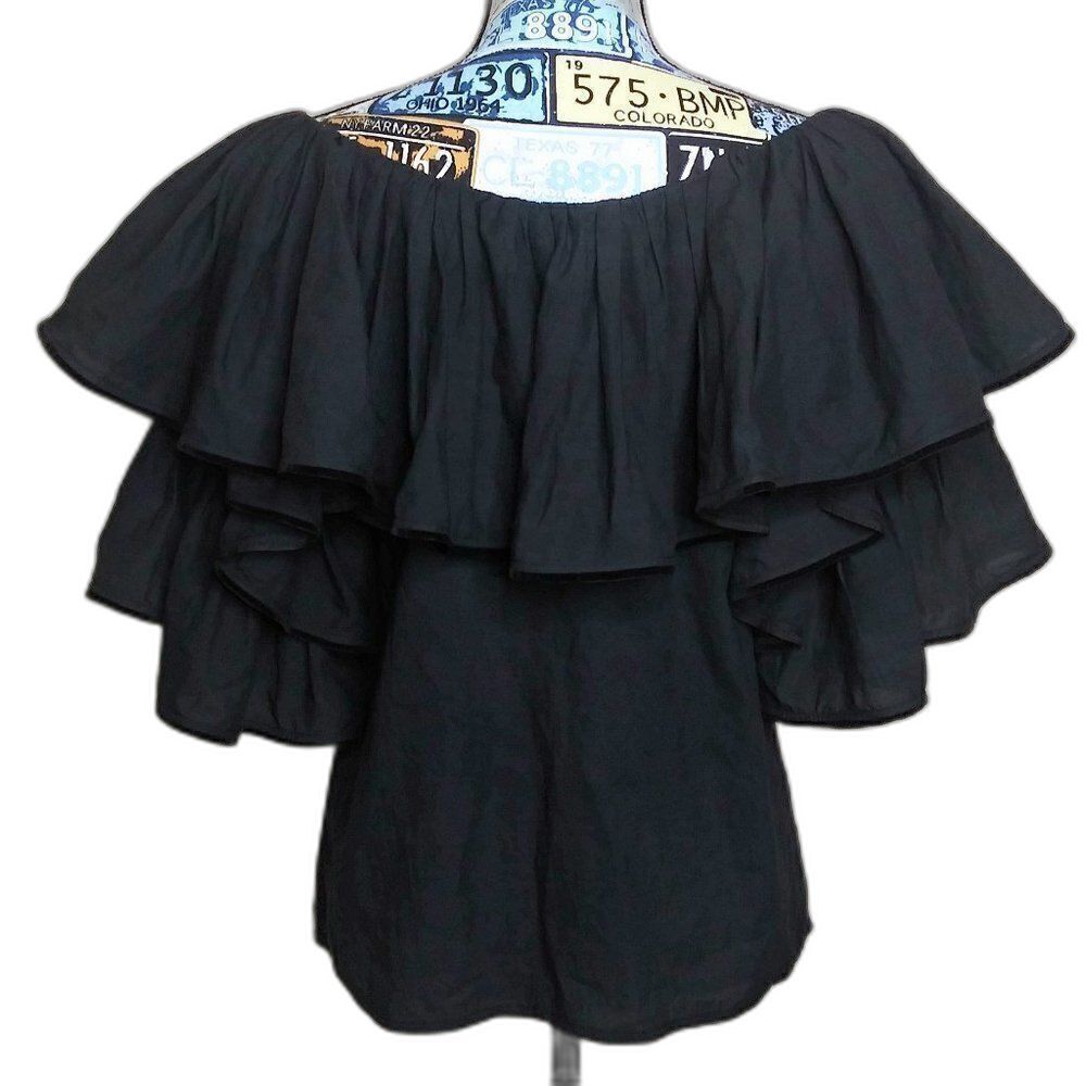 RHODE RESORT Blanca Off Shoulder Tiered Ruffle Top Cotton-Voile Neck Tie Black - Picture 11 of 12